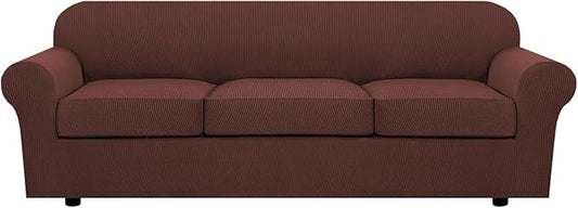H.VERSAILTEX 4 Piece Stretch Sofa Covers for 3 Cushion Couch Covers for Living Room Furniture Slipcovers (Base Cover Plus 3 Seat Cushion Covers) Thicker Jacquard Fabric (Large Sofa, Burnt Brick)