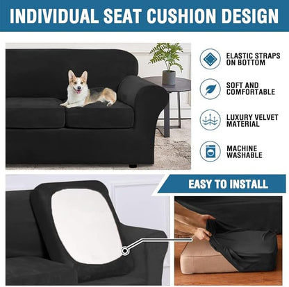H.VERSAILTEX Velvet 4 Piece High Stretch Sofa Slipcover Cover Furniture Protector Form Fit Thick Velvet Extra Large Sofa Cover for 3 Cushion Couch Width Up to 105 Inch(XL Sofa, Jet Black)