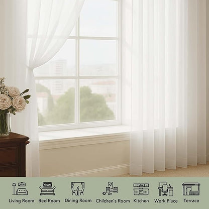OWENIE Extra Long Ivory Sheer Curtains 144 inch 2 Panels Set, Translucent Backdrop Window Scarf Drapes for Canopy Bed/Wedding/Living Room/Anniversary, 12FT Length, Each 59Wx144L in, 2PCS, Ivory