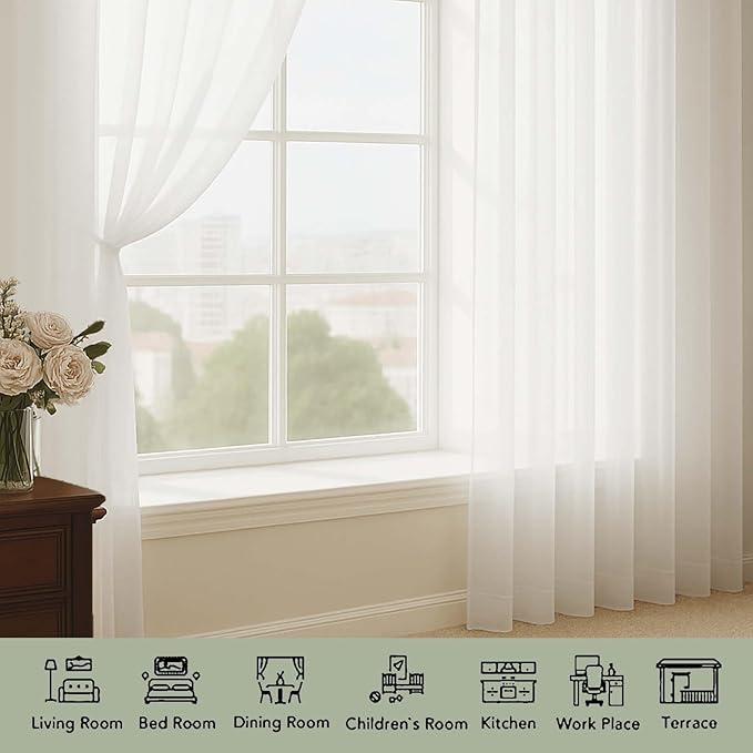 OWENIE Ivory Sheer Curtains 108 Inches Long for Living Room Bedroom 2 Panels Set, Lightweight Airy Ivory Sheer Curtain, Filmy Voile Rod Pocket, 2 PCS, Each 59" W x 108" L