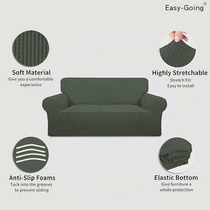 Easy-Going Stretch Oversized Loveseat Slipcover 1-Piece Sofa Cover Furniture Protector Couch Soft with Elastic Bottom for Kids Polyester Spandex Jacquard Fabric Small Checks Olive Green