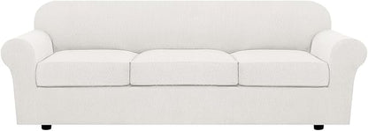 H.VERSAILTEX 4 Piece Stretch Sofa Covers for 3 Cushion Couch Furniture Slipcovers for Living Room (1 Base Cover Plus 3 Seat Cushion Covers) Jacquard Fabric Cover (XL Sofa, Porcelain White)