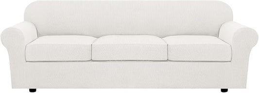 H.VERSAILTEX 4 Piece Stretch Sofa Covers for 3 Cushion Couch Furniture Slipcovers for Living Room (1 Base Cover Plus 3 Seat Cushion Covers) Jacquard Fabric Cover (XL Sofa, Porcelain White)