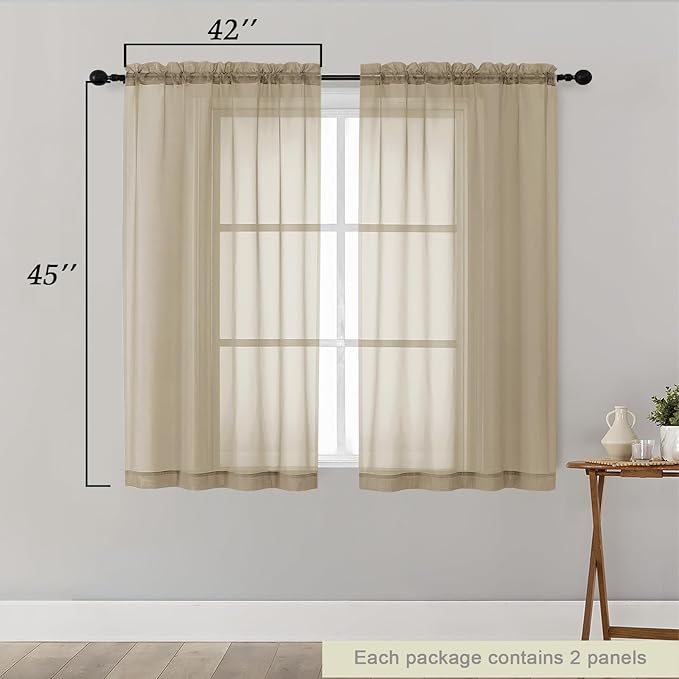 Taupe Sheer Curtains for Bedroom Living Room 45 Inch Length 2 Panels, Soft Airy Light Filtering Small Kitchen Window Curtains, Rod Pocket Short Curtain Drapes, Taupe, 42" Wx45 L Inches