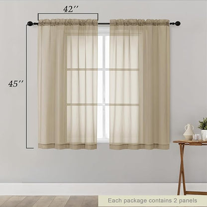 Taupe Sheer Curtains for Bedroom Living Room 45 Inch Length 2 Panels, Soft Airy Light Filtering Small Kitchen Window Curtains, Rod Pocket Short Curtain Drapes, Taupe, 42" Wx45 L Inches