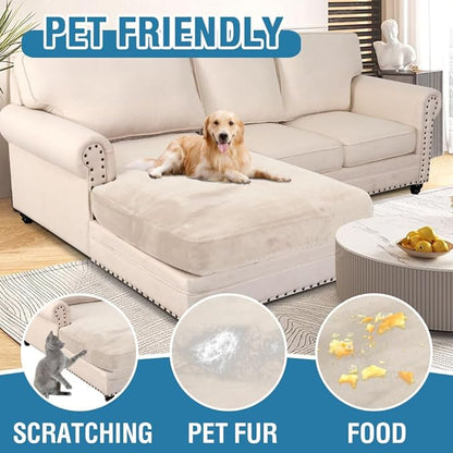 H.VERSAILTEX Velvet Stretch Individual Chaise Cover Sectional Couch Covers for L Shaped Sofa Both Left/Right Furniture Protector Seat Cushion Sofa Cover (1 Piece Chaise Cover, Ivory)
