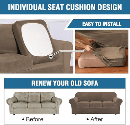 H.VERSAILTEX High Stretch Sofa Slipcover 4 Piece Cover Velvet Furniture Protector Form Fit Thick Velvet Extra Large Sofa Cover for 3 Cushion Couch Width Up to 97 Inch (Large Sofa, Mocha)