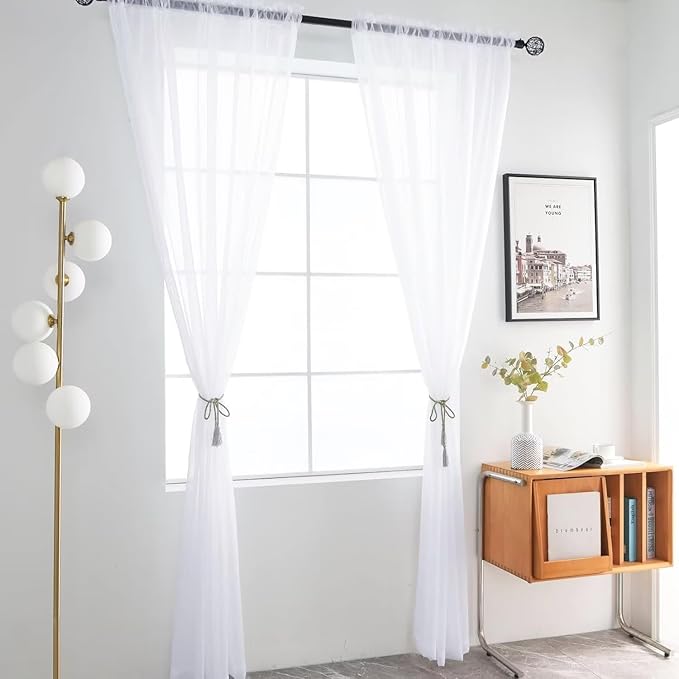 youleyar Solid Sheer Rod Pocket Curtain Voile Draperies 4 Panels White Beige Black Grey Ivory 52 Inch Width 72 Inch Long 1 Pair for Kitchen Bedroom Children Living Room Yard(Optical White,52 Wｘ72 L)