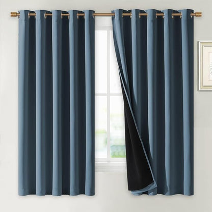 NICETOWN 100% Blackout Lined Curtains, Smoky Blue, 1 Pair, 62" Width x 63" Length Each Panel, 2 Thick Layers Completely Blackout Window Treatment Thermal Insulated Drapes for Kitchen/Bedroom