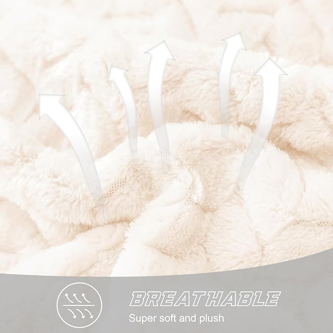 Exclusivo Mezcla Fleece Queen Size Blanket for Bed, 90x90 Inches Soft Cozy Jacquard Flannel Blankets, Lightweight Fuzzy Plush Warm for Women, Off White