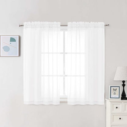 Chyhomenyc White Sheer Curtains 48 Inch Long, Light Filtering Solid Color Bedroom Window Sheer Curtain Panels, Elegant Short Curtains & Drapes for Living Room, 42Wx48L, 2 Panels