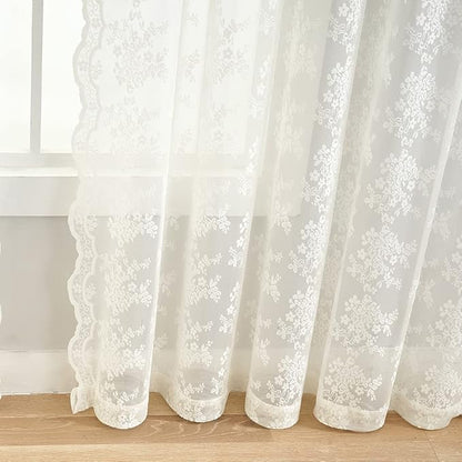 YJ YANJUN Vintage Lace Curtains 54 Inch Length- Victorian Floral Pattern Ivory Short Sheer Curtain Panels for Living Room Bedroom, Country Light Filtering Drapes, Set of 2 52W x 54L Cream