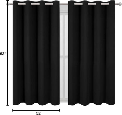 LEMOMO Black Blackout Curtains 52 x 63 Inch Length/Set of 2 Curtain Panels/Thermal Insulated Room Darkening Curtains for Bedroom and Living Room
