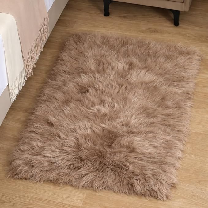 Goolela Fluffy Faux Fur Rug for Bedroom Light Brown Beige 2x3 Furry Fuzzy Sheepskin Rug Small Shaggy Area Rug for Office Playroom Decor Washable Rectangle