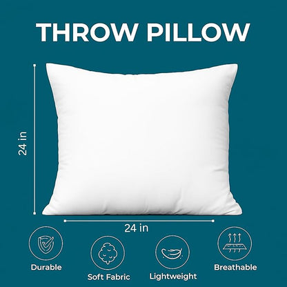 LANE LINEN 24x24 Pillow Inserts - Set of 2 Lightweight Down Alternative Square Pillows, White Throw Pillows for Bed, Decorative Pillows for Couch Bed, Firm Pillows for Living Room