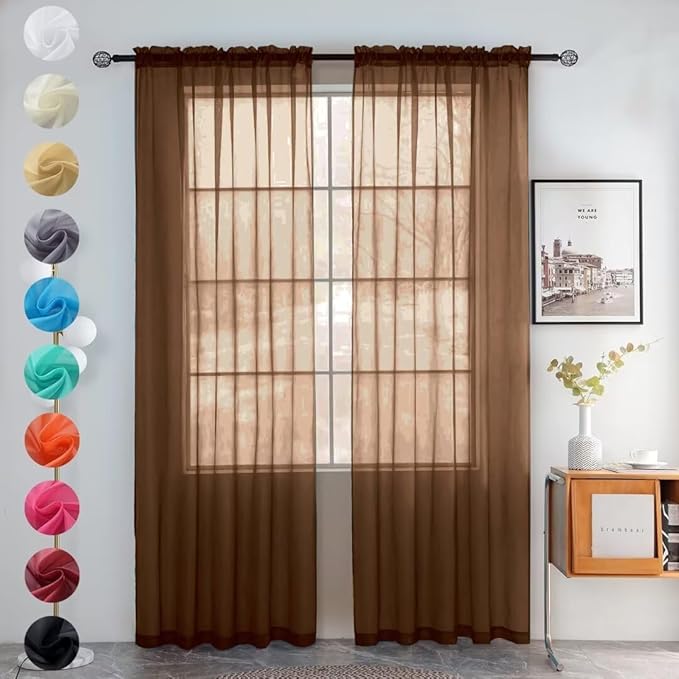 youleyar Solid Sheer Rod Pocket Curtain Voile Draperies 2 Panels White Beige Black Grey Coffee 52 Inch Width 72 Inch Long 1 Pair for Kitchen Bedroom Children Living Room Yard (Brown,52Wｘ72L)