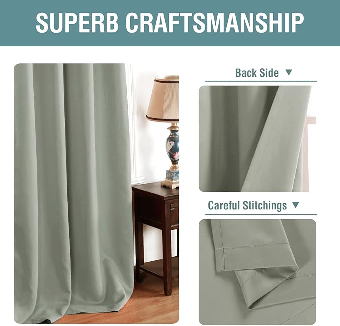 H.VERSAILTEX Blackout Curtain for Living Room Thermal Insulated Window Treatment Curtain Extra Long 108 inch Length Energy Saving Solid Grommet Top Blackout Drape, One Panel, Light Sage，52"W x 108"L