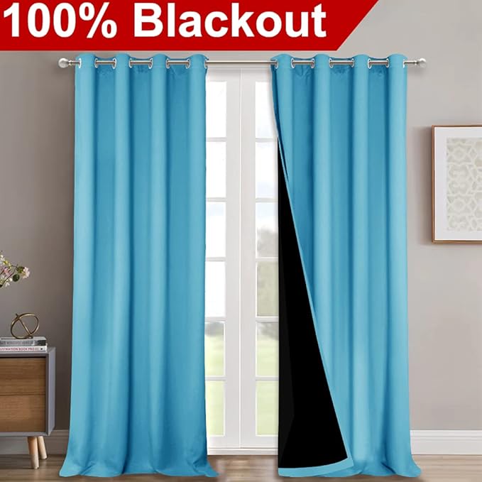 NICETOWN 100% Blackout Blinds, Set of 2, 46" x 96", Teal Blue, Laundry Room Decor Window Treatment Curtains for Large Patio Sliding Door, Thermal Insulated Curtains for Bedroom