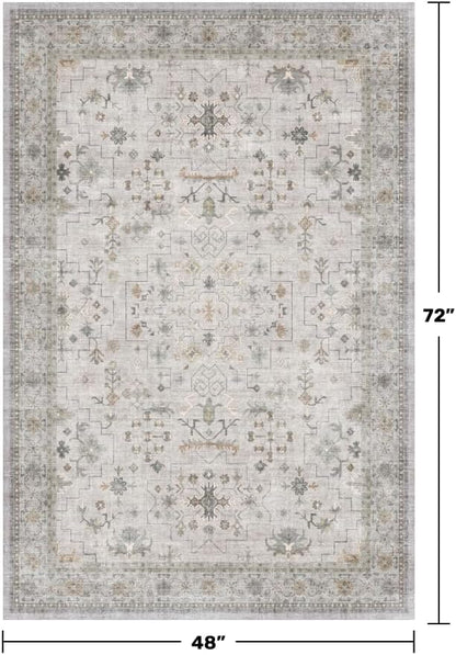 Hazo Haus Boho 4x6 Living Room Rug - Light Grey Modern Vintage Eclectic Floral Pastel Neutral Taupe, Washable Low Pile Non-Slip Area Rugs for Kitchen, Mudroom, Bedroom Beside Bed, Office