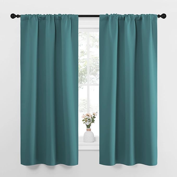 NICETOWN Bedroom Curtains, Three Pass Microfiber Noise Reducing Thermal Insulated Solid Rod Pocket Blackout Window Curtains for Kids Room (Sea Teal, 2 Panels, 34-inch x 63-inch)