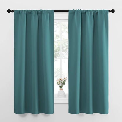 NICETOWN Bedroom Curtains, Three Pass Microfiber Noise Reducing Thermal Insulated Solid Rod Pocket Blackout Window Curtains for Kids Room (Sea Teal, 2 Panels, 34-inch x 63-inch)