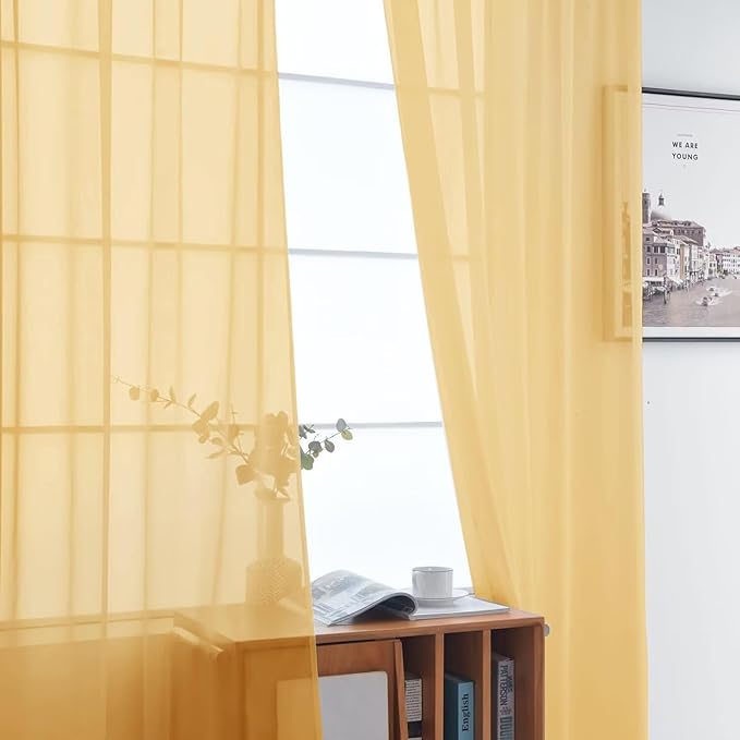 SpaceDresser Basic Rod Pocket Sheer Voile Window Curtain Panels Gold 1 Pair 2 Panels 52 Width 72 Inch Long for Kitchen Bedroom Children Living Room Yard（Gold, 52W x 72L）
