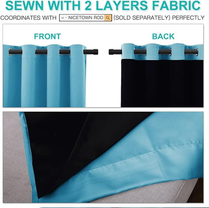 NICETOWN Insulated 100% Blackout Curtains, Noise Reducing Performance Drapes with Black Lining, Full Light Blocking Draperies for Overnight Shift Worker (Teal Blue, 1 Pair, 70 inches x 108 inches)