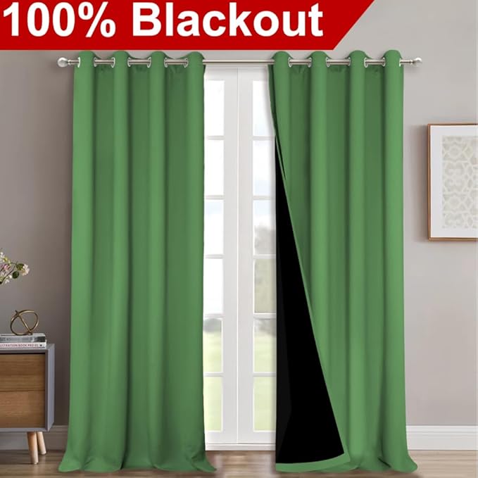 NICETOWN 100% Blackout Curtains for Windows, Pack of 2, 52" W x 108" L, Forest Green, Super Heavy-Duty Black Lined Total Darkness Drapes for Bedroom, Privacy Assured Window Treatment for Patio