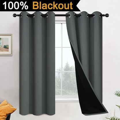 Yakamok 63 Inch Length 100% Blackout Curtains for Bedroom, 2 Thick Layers Thermal Insulated Grommet Total Blackout Drapes with Black Liner for Living Room (42Wx63L,Dark Grey, 2 Panels)