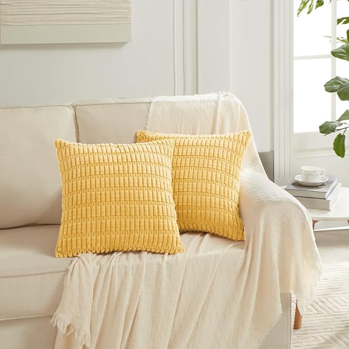 Fancy Homi 4 Packs Yellow Decorative Throw Pillow Covers 22x22 Inch for Living Room Couch Bed Sofa, Rustic Farmhouse Boho Home Decor, Soft Striped Corduroy Square Cushion Case 55x55 cm