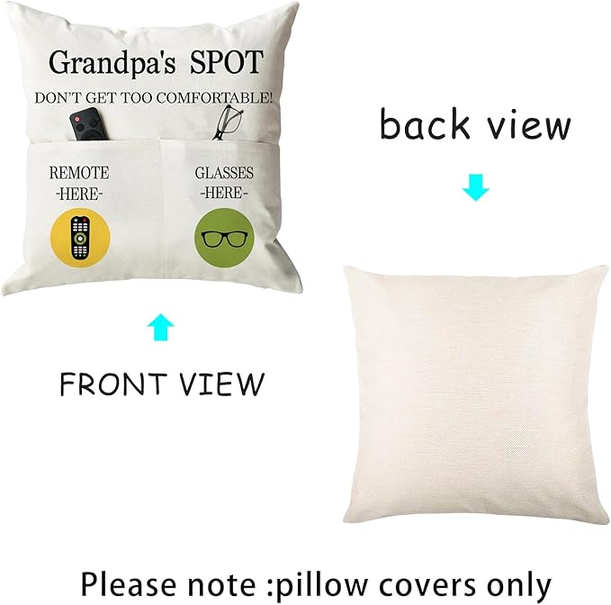 ONFAON Grandpa Gifts,Grandpa's Spot Throw Pillow Covers 18x18 Inch,Put Phone Glasses and Remote Control Pillowcase,Birthday Christmas Thanksgiving Day Gifts for Grandpa Stepdad,3-Pocket
