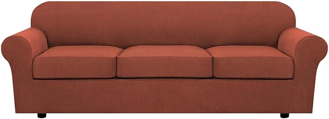 H.VERSAILTEX 4 Piece Stretch Sofa Covers for 3 Cushion Couch Covers for Living Room Furniture Slipcovers (Base Cover Plus 3 Seat Cushion Covers) Thicker Jacquard Fabric (Large Sofa, Rust)
