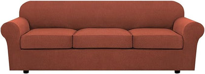 H.VERSAILTEX 4 Piece Stretch Sofa Covers for 3 Cushion Couch Covers for Living Room Furniture Slipcovers (Base Cover Plus 3 Seat Cushion Covers) Thicker Jacquard Fabric (Large Sofa, Rust)