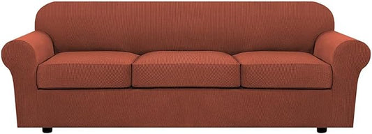 H.VERSAILTEX 4 Piece Stretch Sofa Covers for 3 Cushion Couch Covers for Living Room Furniture Slipcovers (Base Cover Plus 3 Seat Cushion Covers) Thicker Jacquard Fabric (Large Sofa, Rust)