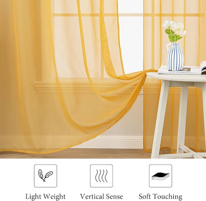 MIULEE 2 Panels Solid Color Sheer Window Curtains Elegant Window Voile Fall Panels/Drapes/Treatment for Bedroom Living Room (54X96 Inches Gold)