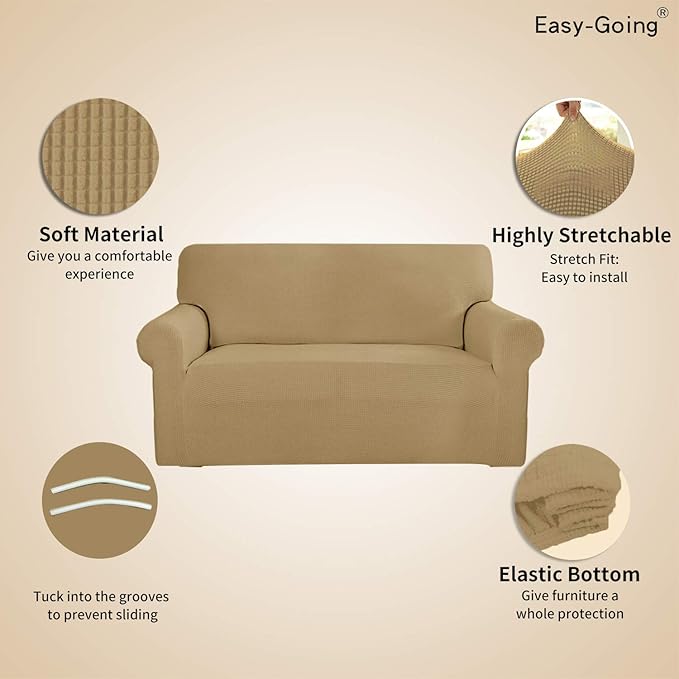 Easy-Going Stretch Oversized Sofa Slipcover 1-Piece Sofa Cover Furniture Protector Couch Soft with Elastic Bottom for Kids, Polyester Spandex Jacquard Fabric Small Checks Golden