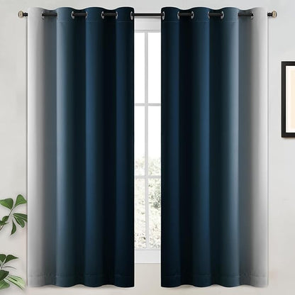 Yakamok 100% Blackout Curtains 63 Inch Length 2 Layers,Navy Blue Curtains for Bedroom Ombre Room Darkening Grommet Gradient Drapes, Light Blocking Thermal Insulated Window Curtains for Living Room
