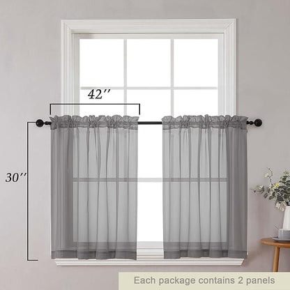 Grey Kitchen Curtains 30 Inch Length Tier 2 PCS, Solid Soft Half Curtains for Windows, Grey Sheer Rod Pocket Drapes for Bathroom Basement Small Window Curtain, 42" Wx30 L Inches