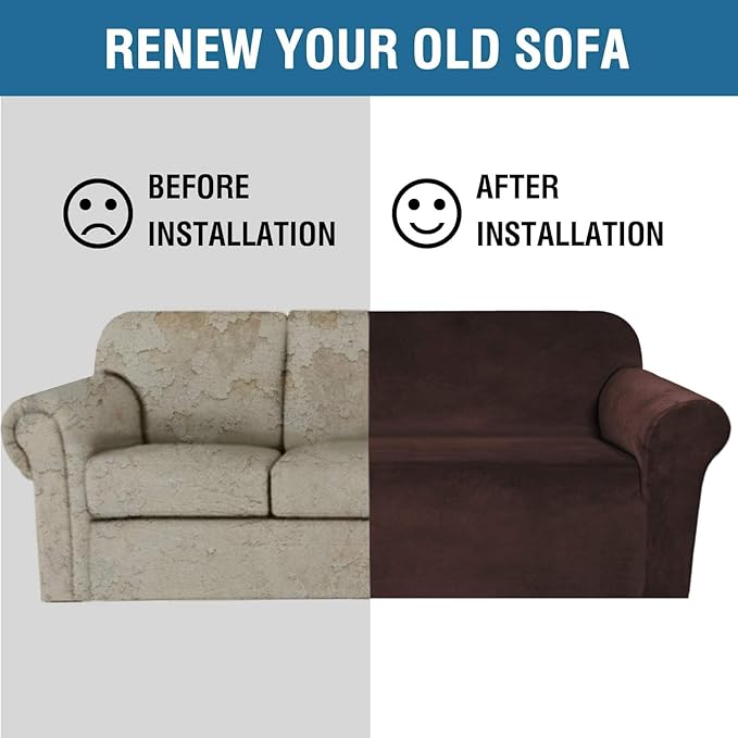 H.VERSAILTEX Stretch Velvet Loveseat Covers for 2 Cushion Couch Covers for Living Room Sofa Covers Slipcovers with Non Slip Straps Bottom, Ultra Thick Comfy Velour (Width 58"-72", Chocolate)