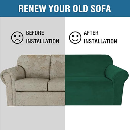 H.VERSAILTEX Stretch Velvet Loveseat Covers for 2 Cushion Couch Covers for Living Room Sofa Covers Slipcovers with Non Slip Straps Bottom, Ultra Thick Comfy Velour (Width 58"-72", Christmas Green)