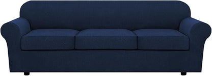 4 Piece Stretch Sofa Covers for 3 Cushion Couch Covers Furniture Slipcovers for Living Room (1 Base Cover Plus 3 Seat Cushion Covers) Thicker Jacquard Fabric Cover (XL Sofa, Navy)