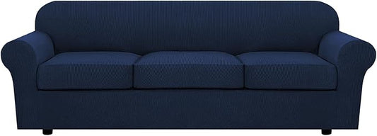 4 Piece Stretch Sofa Covers for 3 Cushion Couch Covers Furniture Slipcovers for Living Room (1 Base Cover Plus 3 Seat Cushion Covers) Thicker Jacquard Fabric Cover (XL Sofa, Navy)