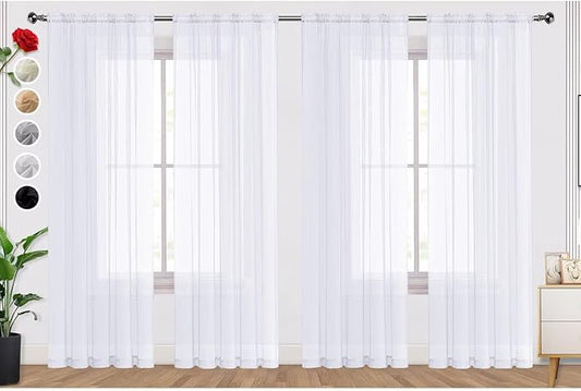 SpaceDresser Optical White Sheer Curtains 4 Panels Rod Pocket Semi-Sheer Curtain 72 Inches Long Light Filtering Voile Window Drapes for Bedroom Living Room Kitchen, Each 52W x 72L