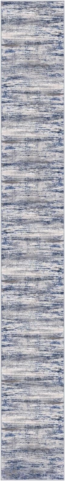 KOZYFLY Modern Abstract Washable Long Rug Runner 2.6x20 Hallway Rug Runner Non-Slip Soft Stair Runners, Grey-Blue Striped 20 feet Runner Rug for Kitchen Entryway Bathroom Laundry Room Foyer