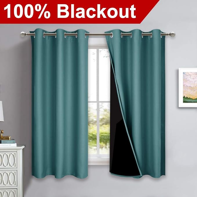 NICETOWN 100% Blackout Curtains 54 inches Long, Sea Teal, 1 Pair, 42 inches Width Each Panel, Double-Deck Completely Blackout Window Treatment Thermal Insulated Lined Drapes for Small Window