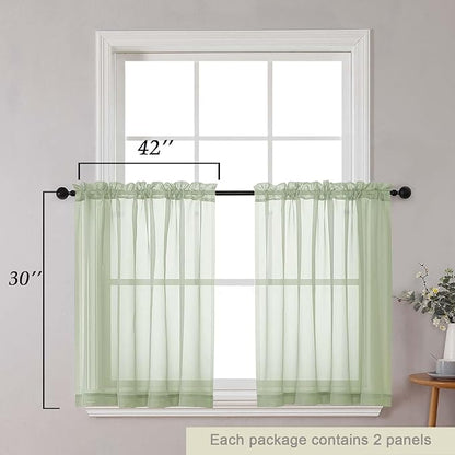 Light Green Kitchen Curtains 30 Inch Length Tier 2 PCS, Solid Soft Airy Half Curtains for Windows, Sheer Rod Pocket Drapes for Bathroom Basement Small Window, Light Green, 42" Wx30 L Inches