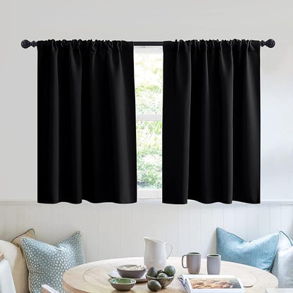 RYB HOME Blackout Privacy Bathroom Window Curtains, Short Thermal Insulated Heat Blocking Privacy Rod Pocket Half Window Curtain Tiers for Nursery Bedroom, Width 42 by Length 30, Black, 2 Panels