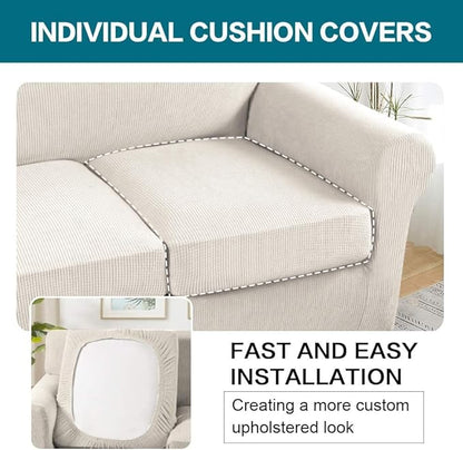 Turquoize 4 Piece Sofa Covers for 3 Cushion Couch Sofa Slipcover Soft Couch Cover for Dogs Washable Furniture Cover with 3 Individual Large Cushion Covers Feature Fabric (Large Sofa, Ivory)