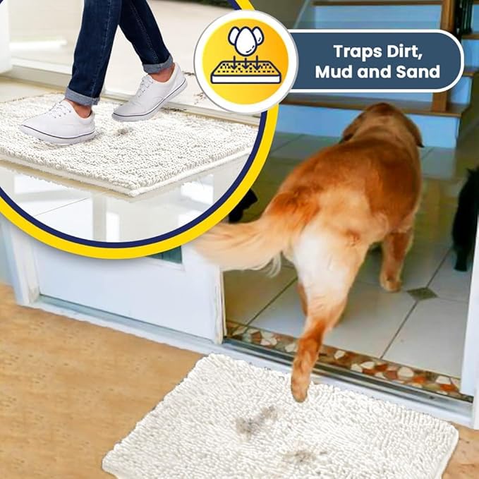 Muddy Mat® | Super Absorbent Door Mat Indoor, Microfiber Quick Dry Chenille Entryway Rug, Non-Slip Front Door Mat, Indoor Mats for Entryway, Machine Washable Pet Rug, White 24" x 120"