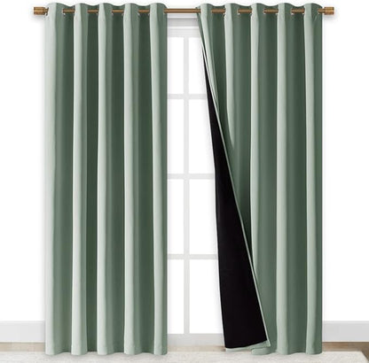 NICETOWN 100% Blackout Window Curtain Panels, Cold and Full Light Blocking Drapes with Black Liner for Nursery, 84" Drop Thermal Insulated Draperies (Greyish Green, 2 Pieces, 70" Wide Each Panel)